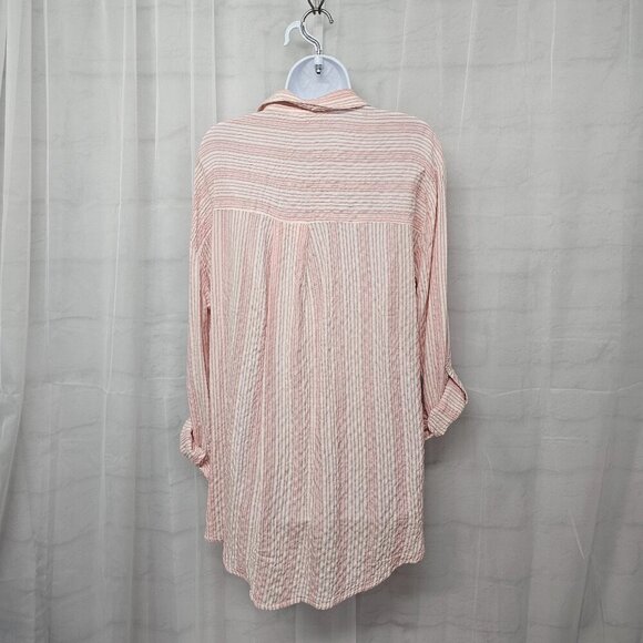 Jane + Delancey Pink White Striped Roll Tab Hi-low Blouse Beach Summer M - Picture 8 of 13